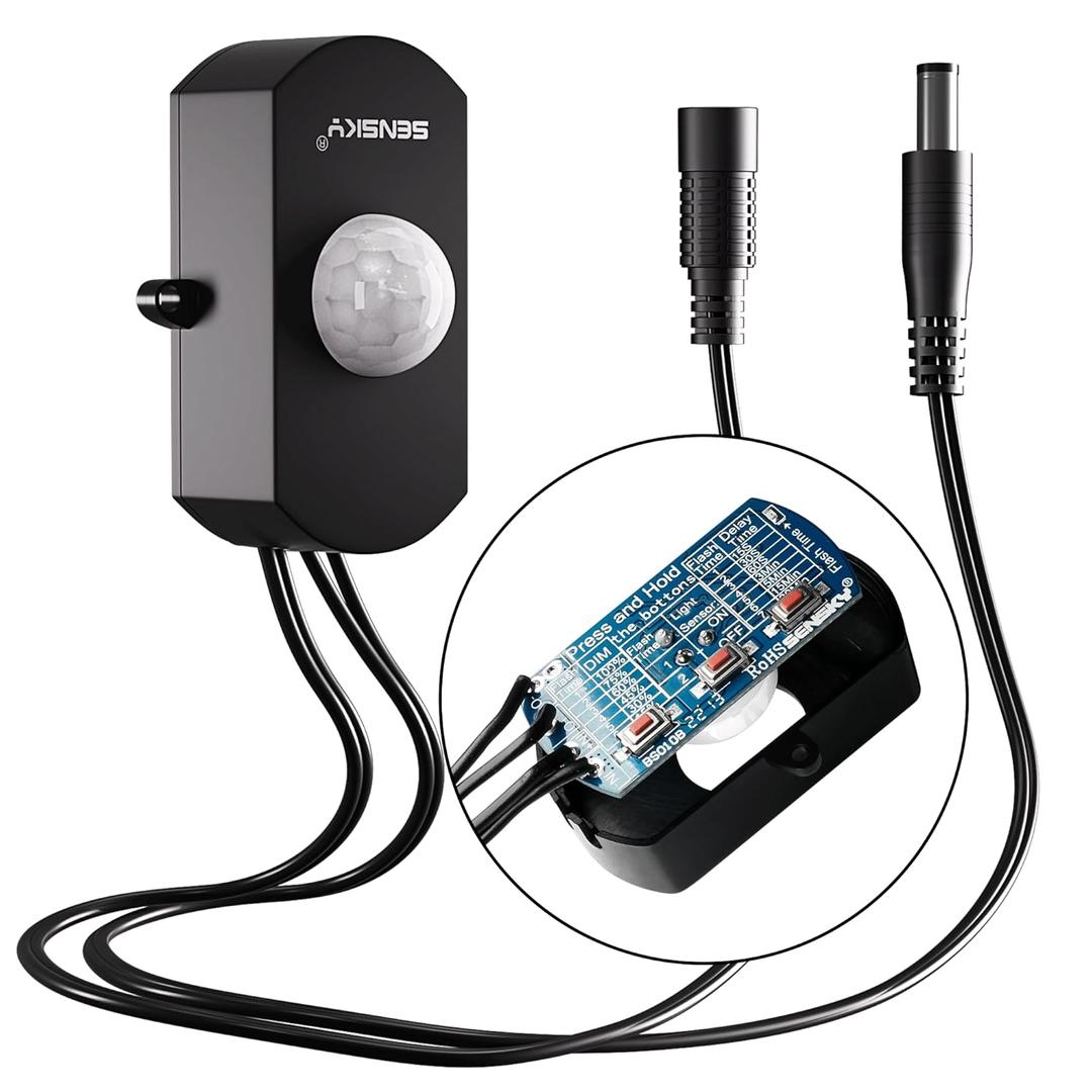SENSKY BS010BB DC 12V/24V 3A Mini Dimmable Pir Motion Sensor Switch,Occupancy Sensor Switch for Kitchen Cabinet, Pantry, Closet led Lighting (Black-with Light Sensor)