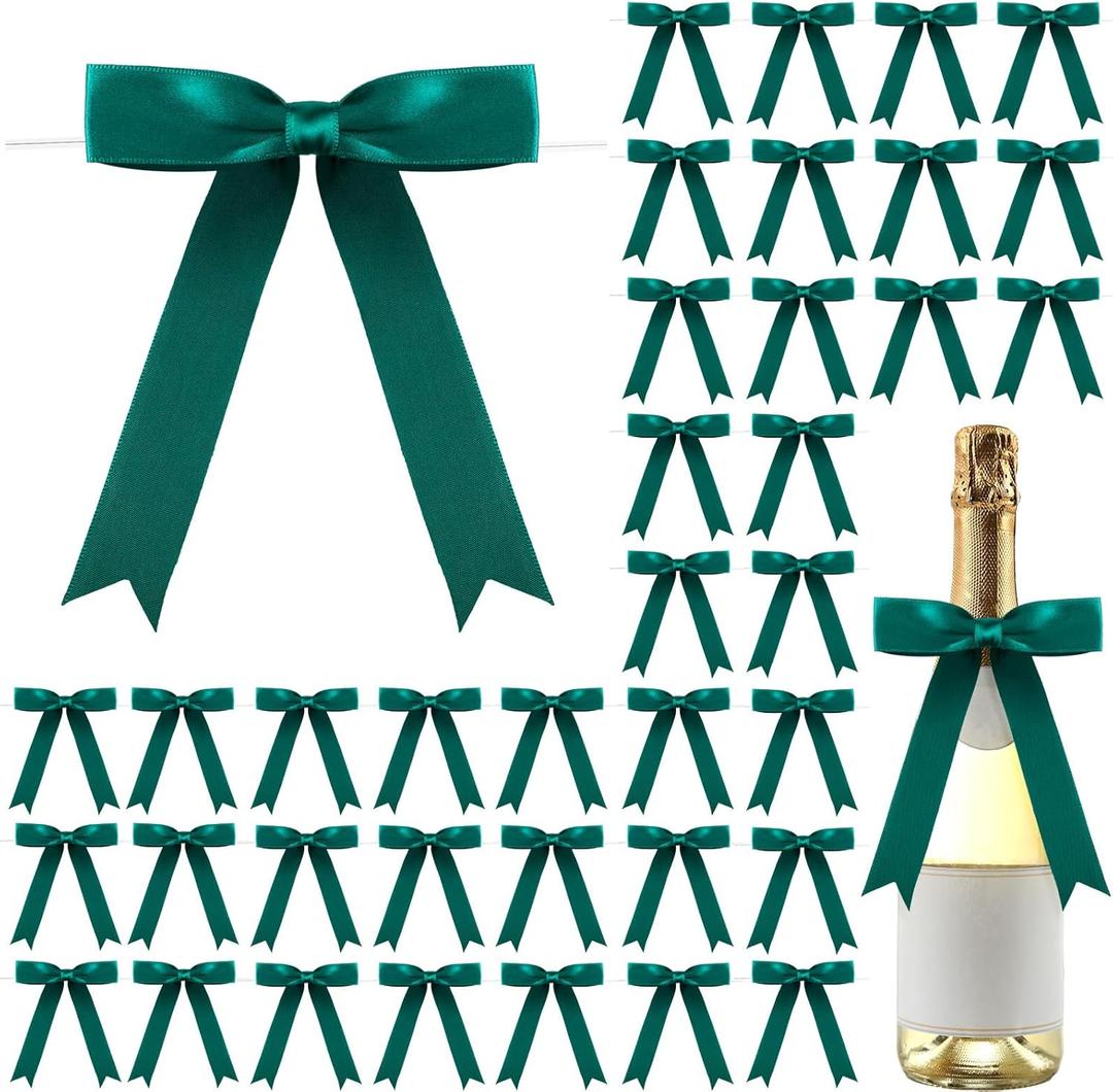 Riceshoot 50 Pcs Satin Ribbon Bows 5x7 Inch Large Twist Tie Bow for Gift Wrapping Champagne Bottle Balloon Treat Bag DIY Craft Gift Wedding Bridal Baby Shower Christmas Birthday Party(Dark Green)