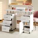 PeacefulHues Manicure Table Nail Desk, Nail Station with Electric Dust Collector, Wrist Rest and Storage Drawers Cabinet, Beauty Salon Workstation for Nail Tech, White