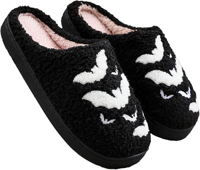 Cute Slippers for Women Halloween Fun Cute Holiday House Shoes Fluffy Warm Slipper Gifts for Adults, 7.5-8.5, Black-bat