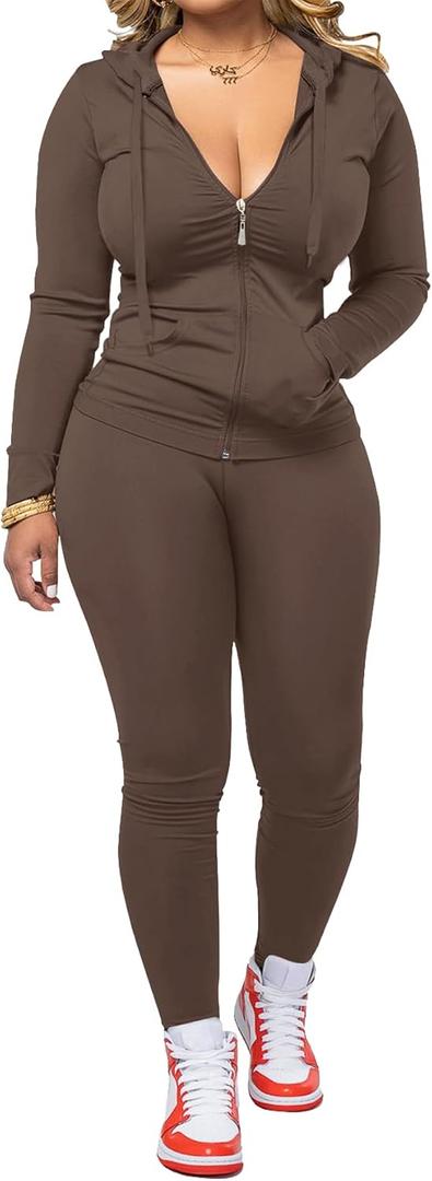 AUXDIO Women 2 Piece Outfits Casual Workout Sets Bodycon Tracksuit Zip Up Long Sleeve Hoodle Jacket Jogger Pants Set (Small, Coffee)