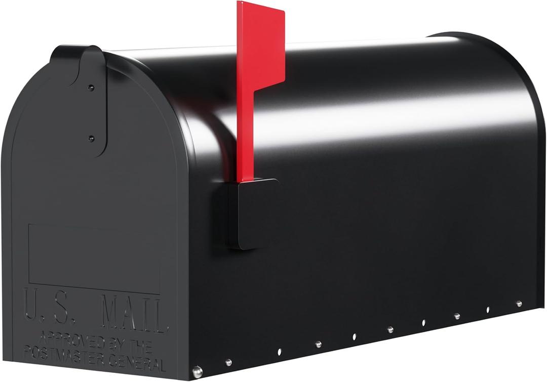 Post Mount Mailbox with Durable Aluminium Flag - Medium Capacity, Black, Galvanized Steel - 6.92 in. W x 8.87in. H x 20.05 in. L - Heavy Duty Metal Mailbox Powder-Coated