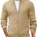 Yousify Mens Cardigan Sweater Full Zip Cable Knitted Stand Collar Cardigan Casual Long Sleeve Sweaters (XX-Large, Khaki)