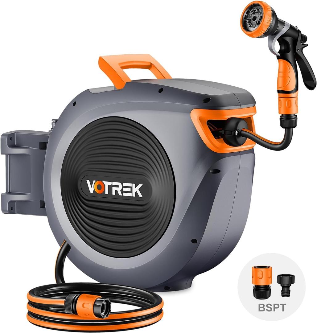 Retractable Garden Hose Reel Outside [1/2 inch 100 FT], VOTREK Automatic Rewind Wall Mounted Hose Reel [Heavy Duty] with Any Length Lock, 180 Swivel Bracket, 9 Modes Nozzle for Watering Cleaning
