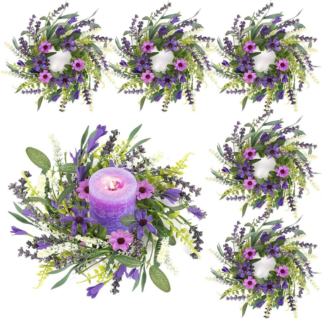 6 Pcs Mini Lavender Candle Rings Wreaths Purple Daisy Pillar Holder Small Wreath Artificial Wild Flower Spring Summer Floral Wreath for Farmhouse Porch Front Door Cabinets Table Decoration