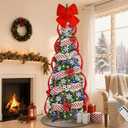 Uspring 6 FT Pop Up Christmas Tree with Lights, Artificial Collapsible Christmas Tree with Remote Control & 200 Colorful LED Lights, Pre Decorated Surround Ribbon, Ball Ornaments, Holiday Party Decor