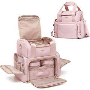 Large Makeup Cosmetic Bag with 3 Removable Case, Double Layer Travel Makeup Organizer Case with Inner Dividers and Makeup Brushes Storage Section, Pink (Patented Design)