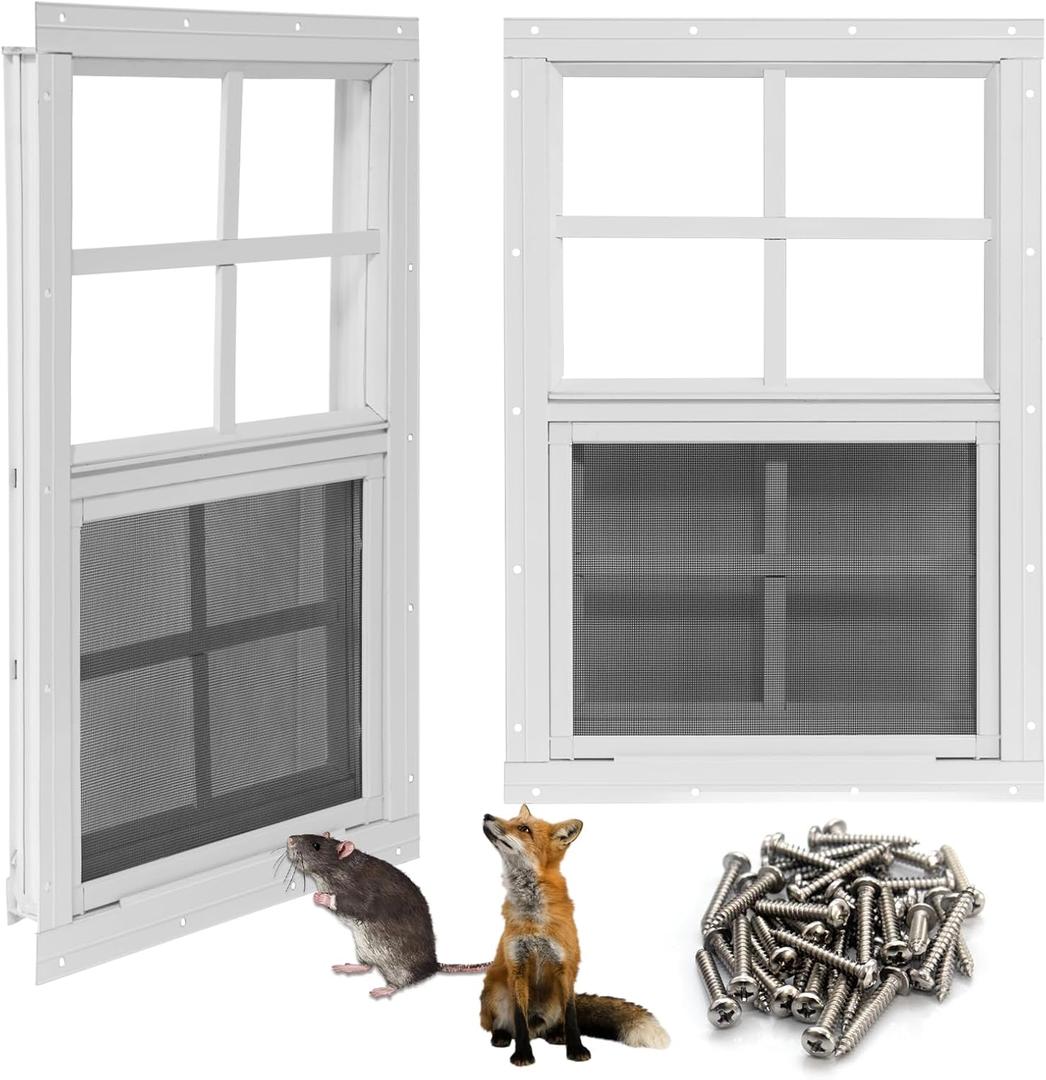 NeatiEase Upgraded Shed Windows 2 Pack, 24" x 30" Windows with Tempered Glass and Stainless Steel Screen for Shed, Chicken Coop, Playhouse, Household, Garage(White)