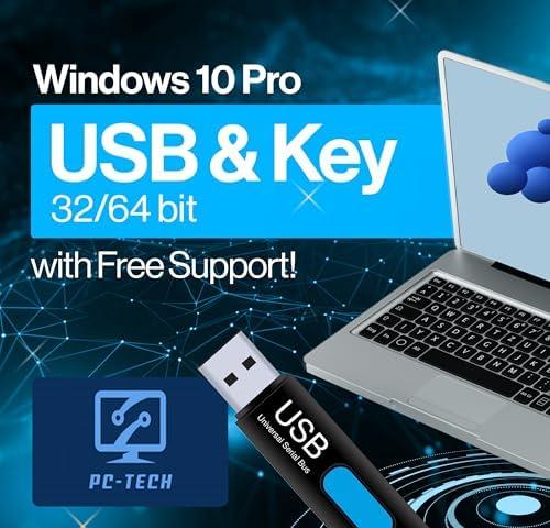 PC-TECH Compatible with Windows 10 Professional 64 Bit USB With Key. Factory fresh, Recover, Repair and Restore. Key code and USB install Included. Fix PC, Laptop and Desktop. Free Technical Support