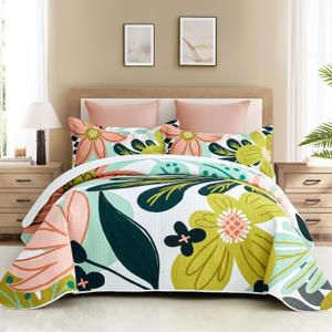 Tyrot 3 Piece Boho Floral Californial King Size Quilt Sets Farmhouse Reversible Lightweight Bedspread Coverlet with 2 Shams Botanical Microfiber Bedding Quilts Set for All Season, 118''x106''