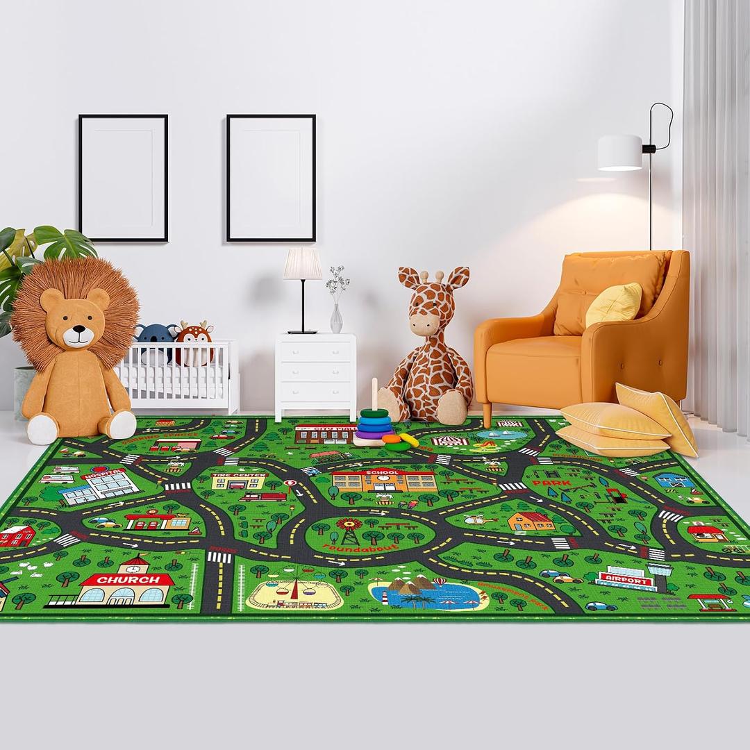 Tinideya Kids Playmat Rug 6x9 ft, Non-Slip Rubber Backing Traffic Road Playmat, Cars Play Mat for Toddler Children Playroom Classroom Bedroom(Green, Traffic Road)