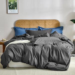 JELLYMONI 100% Washed Cotton 3 Pieces Black Duvet Cover King Size - Linen Like Textured Breathable Comforter Cover with Pillow Shams (Black, 104"x90")