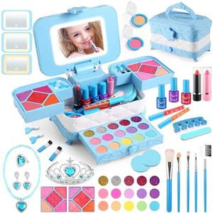 YasinKidz 57 in 1 Kids Makeup Kit With 3-Color LED Mirror, Real Washable, Perfect Girl Birthday Gift, Age 3+