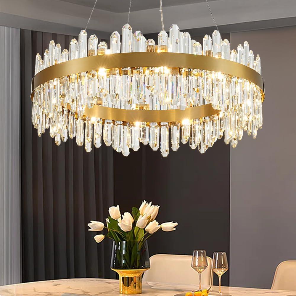 Gold Modern Crystal Chandelier, Round K9 Crystal Chandelier for Dining Room, Adjustable Height Pendant Light Fixture for Living Room Bedroom Kitchen Island D30