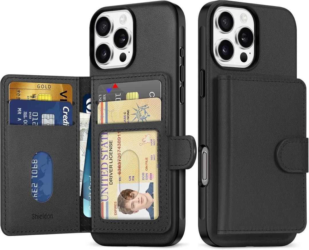 SHIELDON Wallet Case for iPhone 16 Pro Max 6.9", Genuine Leather Minimalist Undetachable Magnetic RFID Blocking 6 Card Slots, Protective Phone Cover Compatible with iPhone 16 Pro Max - Nappa Black