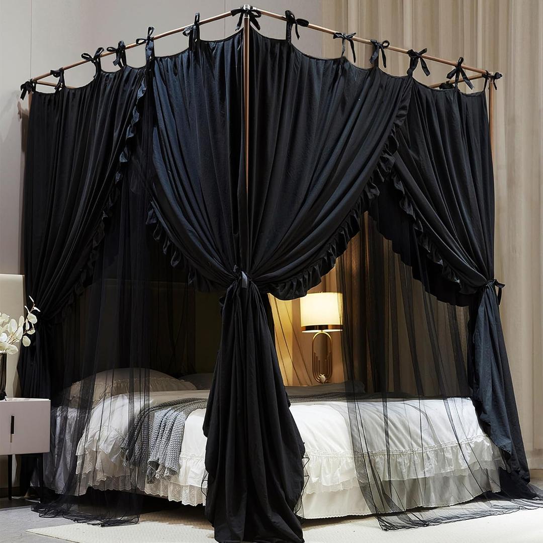 AIOOO 4 Corners Post Princess Curtain Bed Canopy Double Layer Cozy Mosquito Net Mesh and Cloth for Adults Bedroom Decoration (Double-Black/Black, 64" W*82" L*82"*H/(Queen))