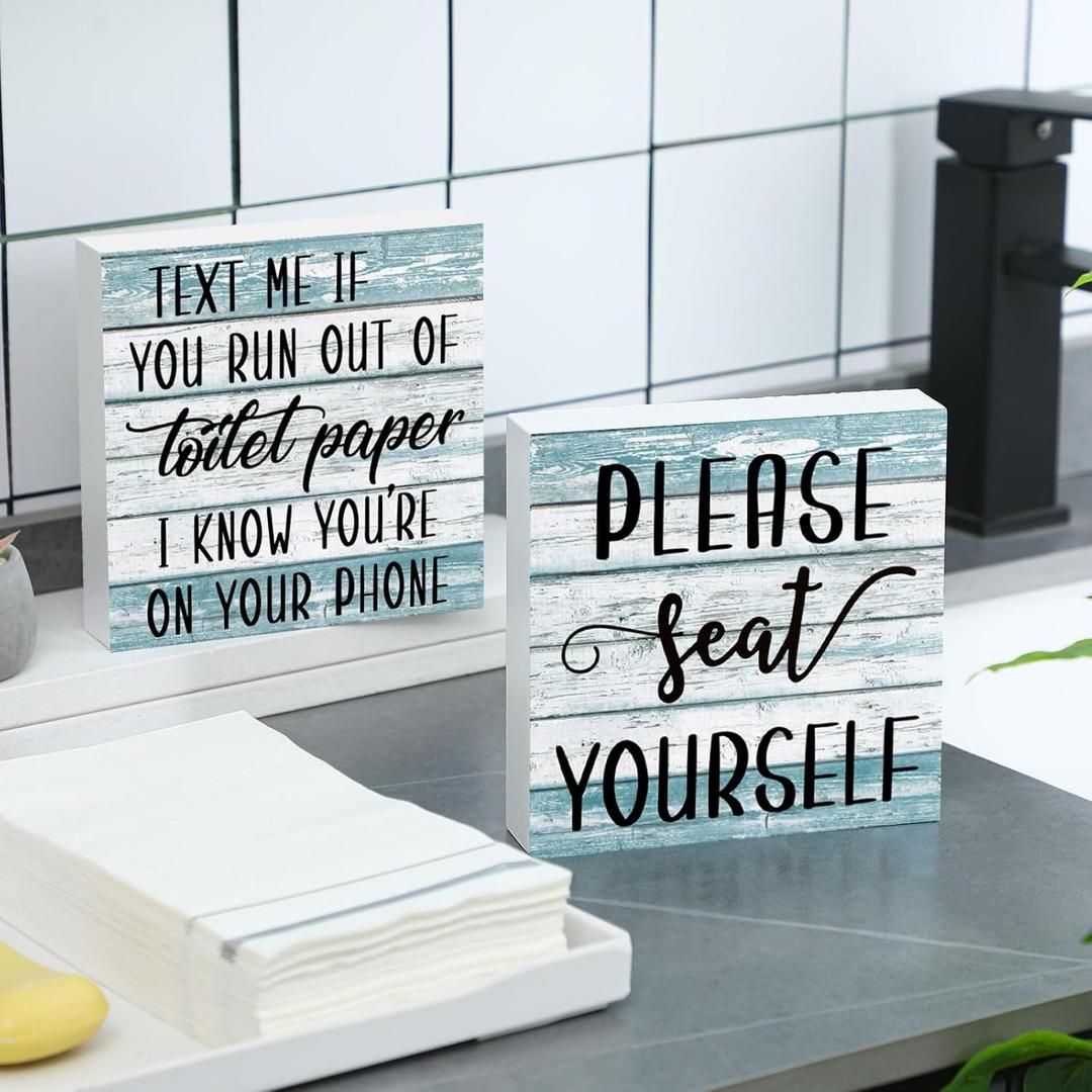Jetec Set of 2 Farmhouse Bathroom Signs Decor Funny Rustic Wood Plaque Bathroom Wall Art Please Seat Yourself Wooden Toilet Signs for Home Restroom Shelves(Blue)