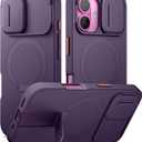 SURITCH for iPhone 16 Case with Magnetic Camera Slide Cover and Adjustable Kickstand, Compatible with MagSafe, Shockproof Bumper Case Slim Protective Cover 6.1 Inch, Dark Purple