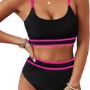 BMJL Women's High Waisted Bikini Ribbed Two Piece Swimsuit High Cut Color Block Adjustable Straps Bathing Suit (Large, Black&pink043)