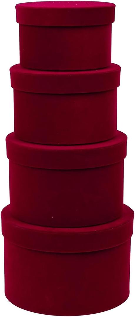 GnFlus Red Wine Gift Boxes for Presents Set of 4 Round Velvet Nesting Gifts Box for Arrangements Flowers Wedding Birthday Valentines Bridesmaid Christmas Party Anniversary