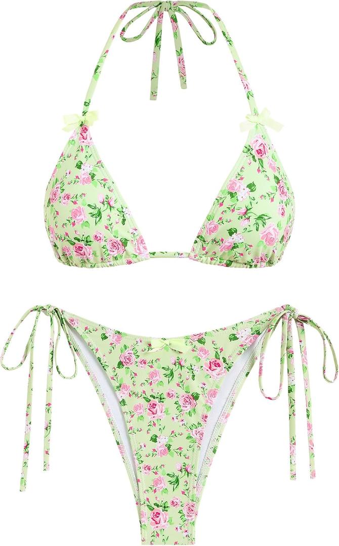 ZAFUL Bikini Sets for Women Halter Bow Decor Tiny Floral Gingham Print Swimsuit Tie Side 2 Pieces Bathing Suit (Large, 1-light Green)