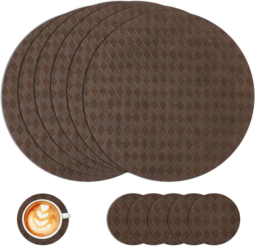 SHACOS Round Placemats Set of 6 with Coasters Wipeable Leakproof 13 inch Faux Leather PU Vinyl Place Mats Heatproof Non Slip Table Mats Home Kitchen Dining Table Decor, Chocolate