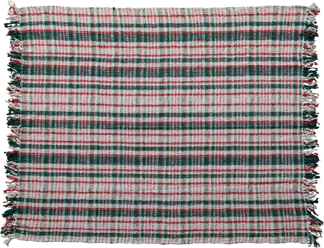 Creative Co-Op Plaid Woven Cotton Blend Throw with Fringe, Cream, Green and Red