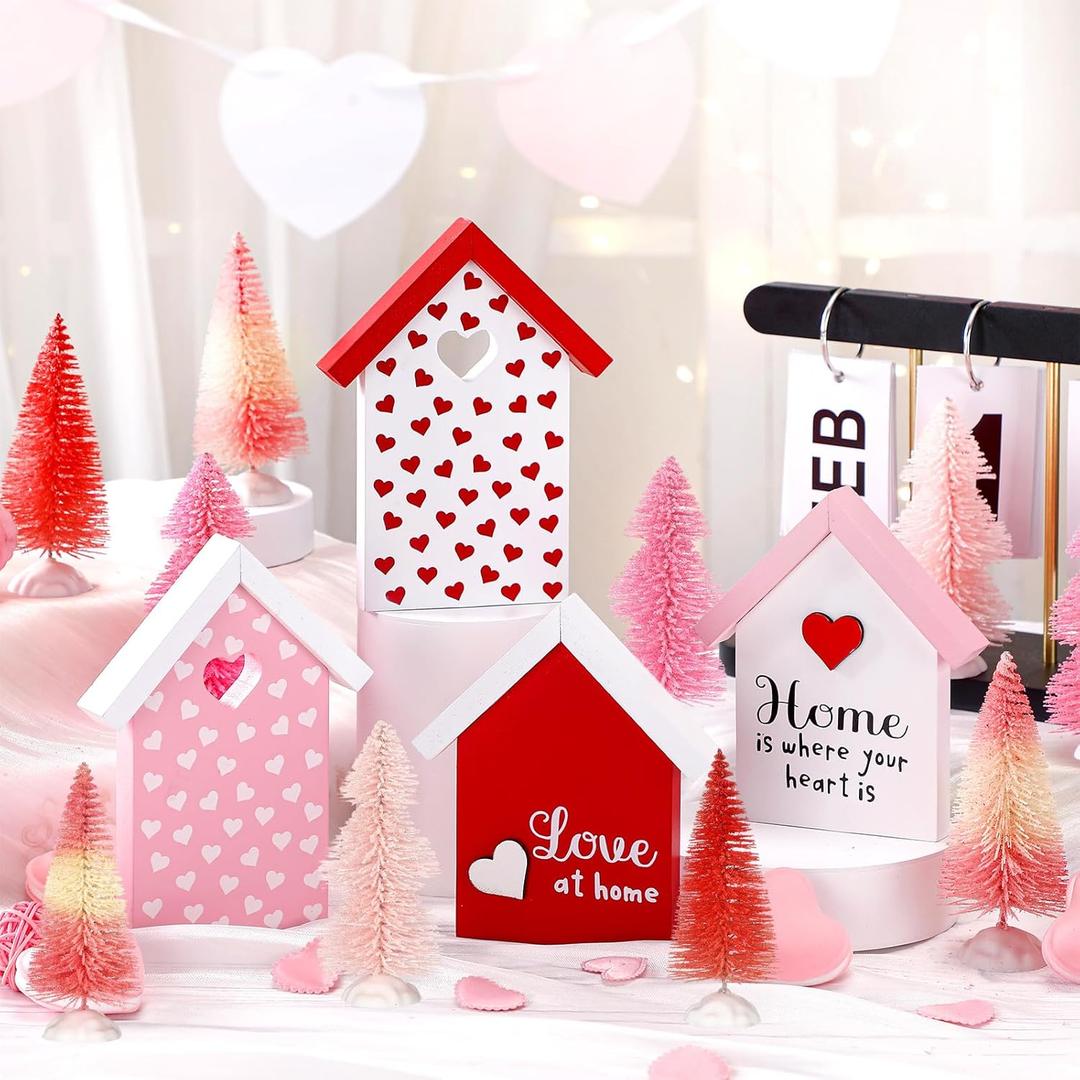12 Pcs Wooden Valentines Day Decorations Pink Valentine House Villages Sets 4 Valentine Houses 8 Bottle Brush Trees Red Love Heart Decor for Wedding Engagement Party Tabletop Shelf Decor