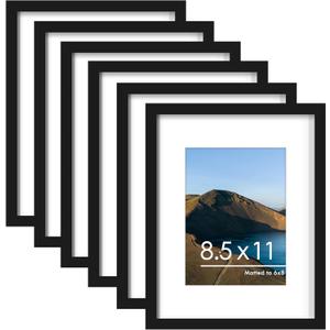 PEALSN 8.5 x 11 Picture Frame Set of 6, Display Pictures 6x8 with Mat or 8.5 x 11 Without Mat for Wall Mounting Display, Photo Frames Collage for Wall Decor, Black.