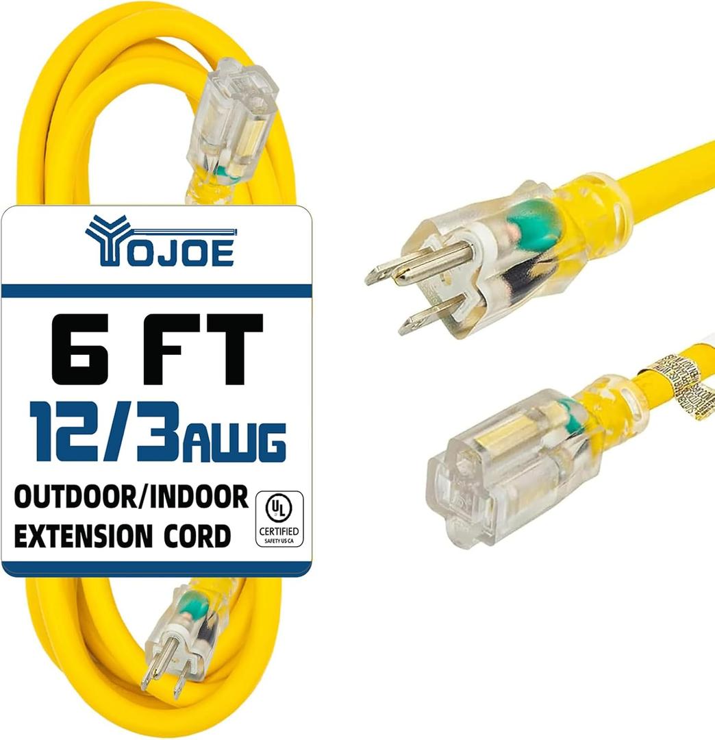 YOJOE Indoor Outdoor Extension Cord with Lighted End, 3 Prong 15A Weatherproof Power Cord, 12 Gauge Heavy Duty 6 ft Yellow Extension Cord for Garage, Garden and Home, 12/3 SJTW UL Certified
