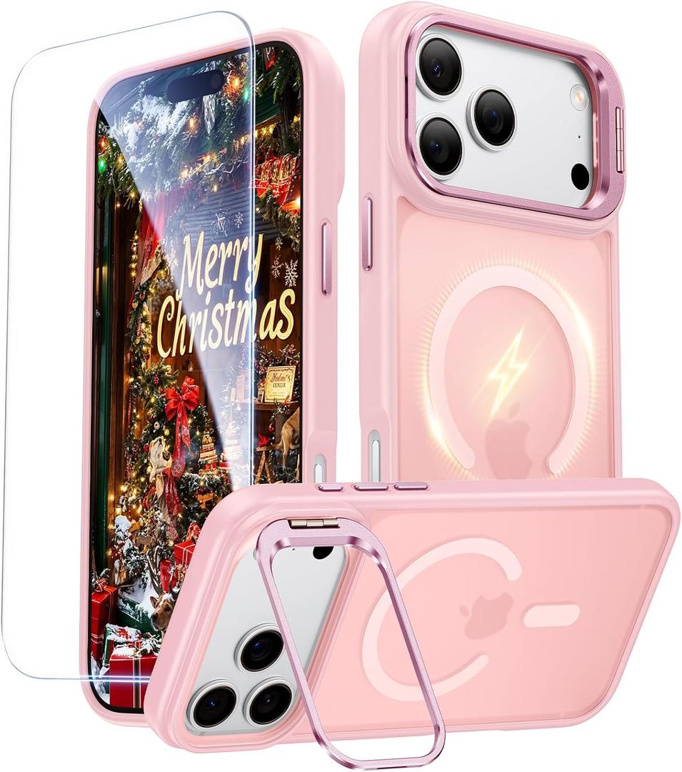 for iPhone 17 Pro Case with Stash Lens Stand and 9H Screen Protector, Compatible with MagSafe, Military-Grade Drop Protection Magnetic Phone Case for iPhone 17 Pro, 360 Full Protection, Pink
