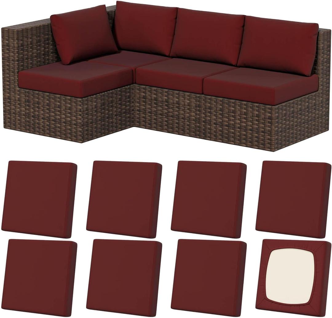 8Pcs Stretch Patio Cushion Covers, Outdoor Couch & Sofa Replacement Slipcovers for Patio Furniture Cushion Covers, Washable Reusable Furniture Protector (Square-large, Wine-red)