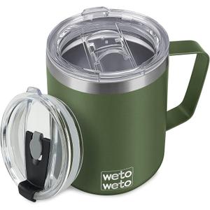 WETOWETO Coffee Mug with Handle, 14oz Insulated Stainless Steel Reusable Coffee Cup, Double Wall Coffee Travel Mug, Powder Coated Olive Green