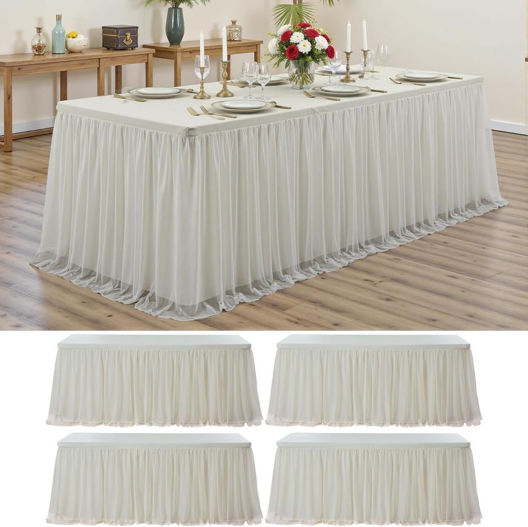 Ivory Tulle Tablecloth for 6 Ft Rectangle Tables 4-Pack, Ideal for Weddings