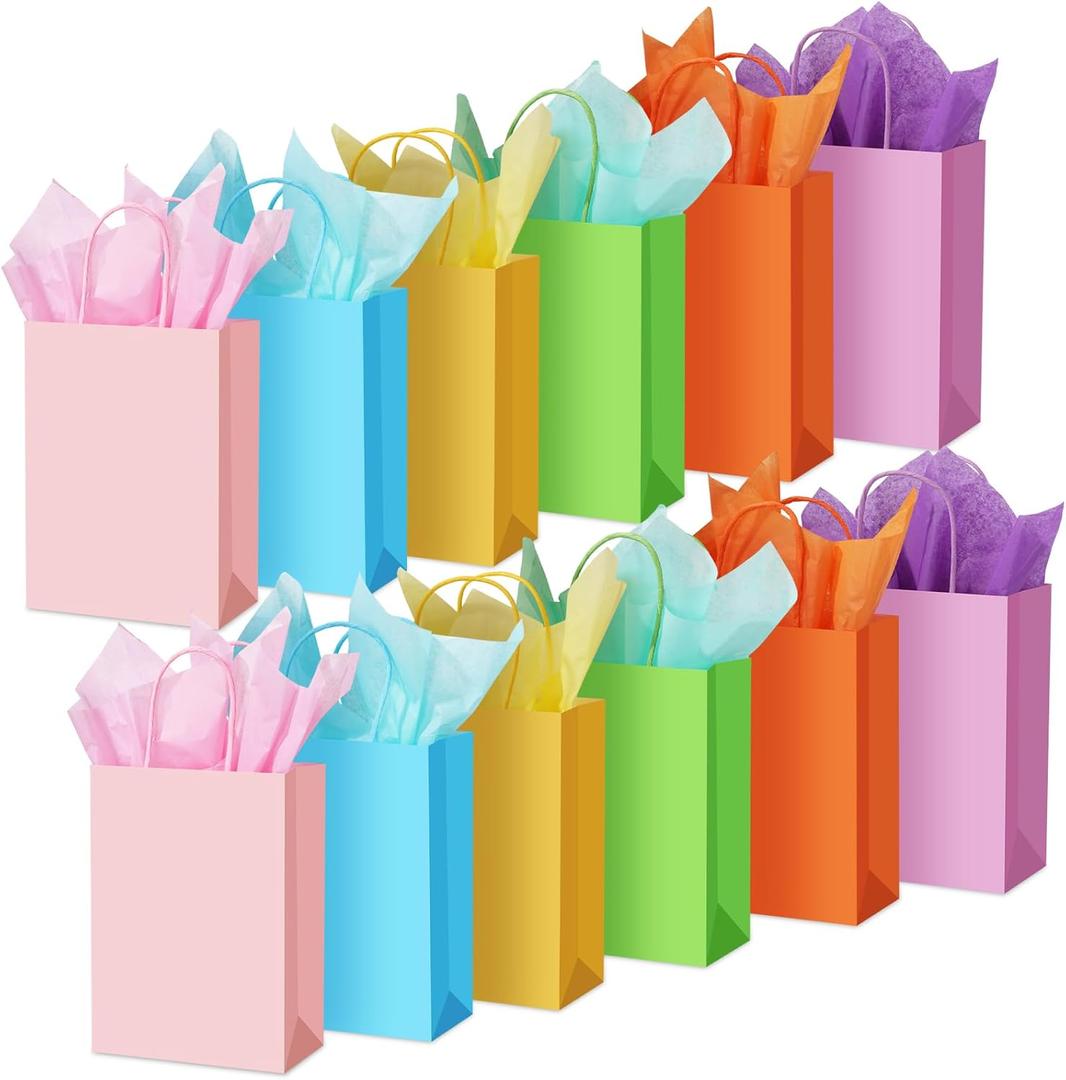 Kolldenn 24 Pack Pastel Gift Paper Bags with Tissue Paper 5.9 x 3.1 x 8.3 Inch 6 Colors Rainbow Kraft Goodie Bags with Handles Colorful Gift Wrapping Bulk for Birthday Wedding Baby Shower Supplies