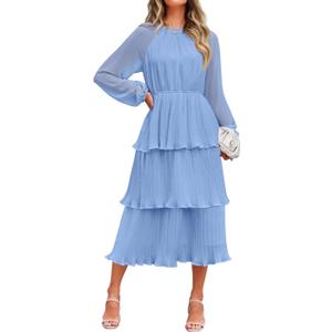 ZESICA Women's 2025 Long Sleeve Crew Neck Ruffle Tiered Layered Chiffon Flowy Swing Long Midi Dress (Light Blue, Large)