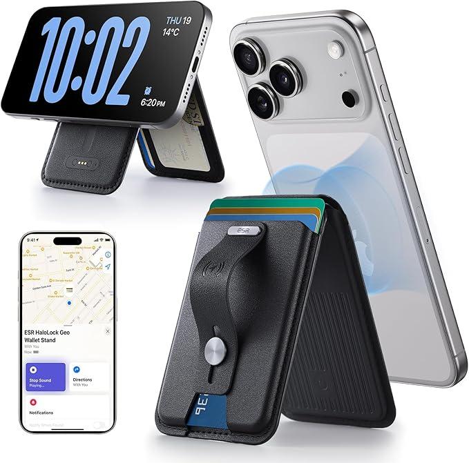 ESR Geo for MagSafe Wallet with Full Find My Functionality, 5Card Holder, RFID Blocking, Adjustable Stand, Magnetic Wallet for iPhone 17/16/15/14/13/12 Series, Not for 13/12 mini, Black