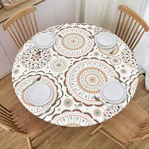 AIMASTZ Elastic Edged Round Fitted Boho Floral Medallion Table Cloth Cover for Indoor Outdoor Kitchen Party, Waterproof Wipeable Tablecloth for 45"- 50" Tables, Medium