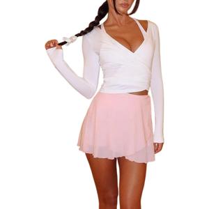 Dancenter Women Crop Wrap Top Thumb Hole Long Sleeve Active Self Tie Workout Shirt Ballet Pilates Yoga Wrap Tops (Small, White)