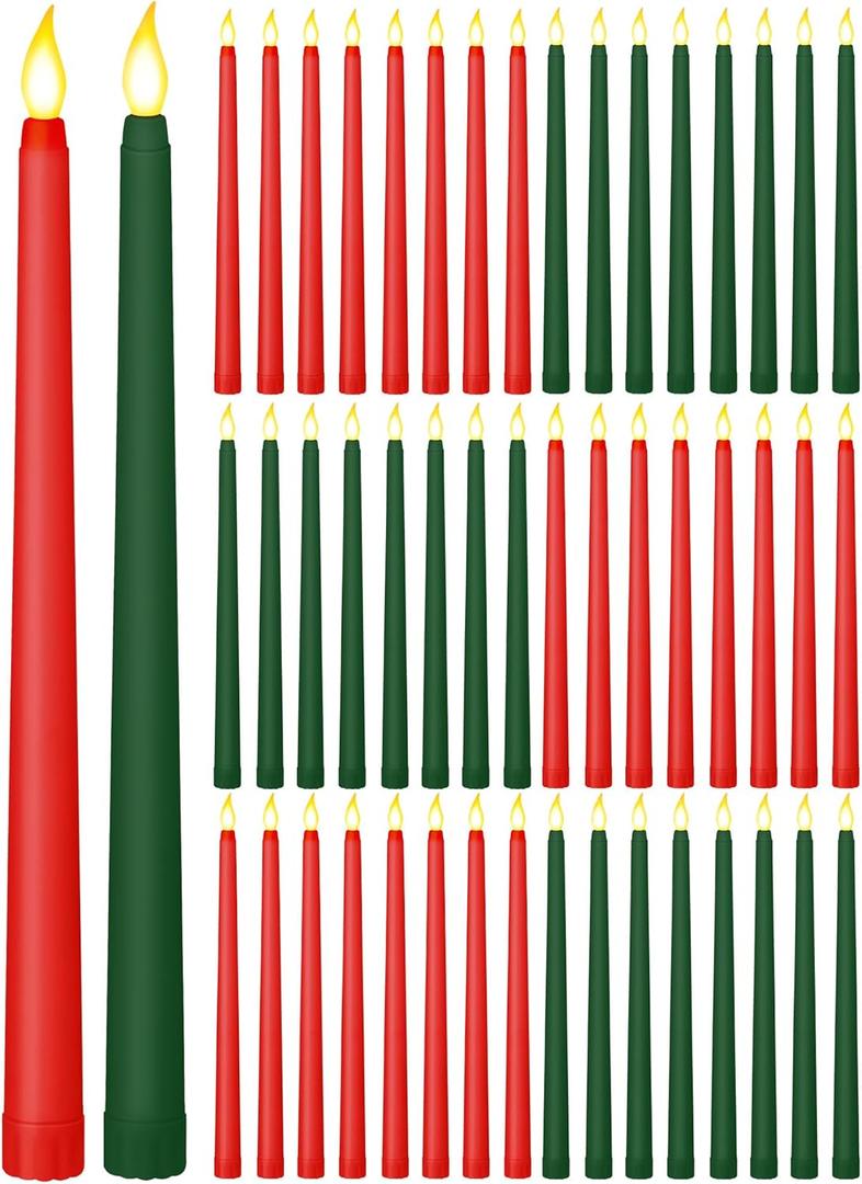 Funtery 48 Pcs Flameless LED Taper Candles Battery Operated Candles Bulk Realistic LED Candlesticks Flickering for Wedding Church Graduation Party Home Decor(Red, Green,Classic Style)