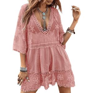 Eomenie Women's Contrast Lace Bathing Suit Cover Up V-Neck Swimsuit Coverups Loose Swimwear Beach Dress Beachwear (Pink). One size
