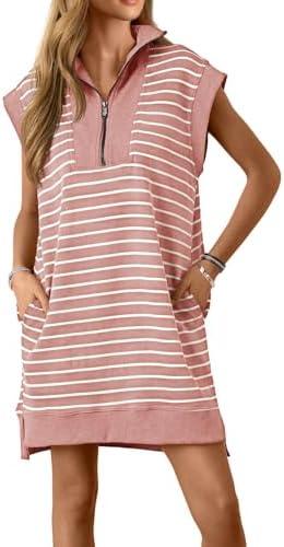 Wenrine Womens Striped Mini Dress Casual Zipper Cap Sleeve Collared V Neck Loose Knit Summer Dresses L Wenrine Womens Striped Mini Dress Casual Zipper Cap Sleeve Collared V Neck Loose Knit Summer Dresses L