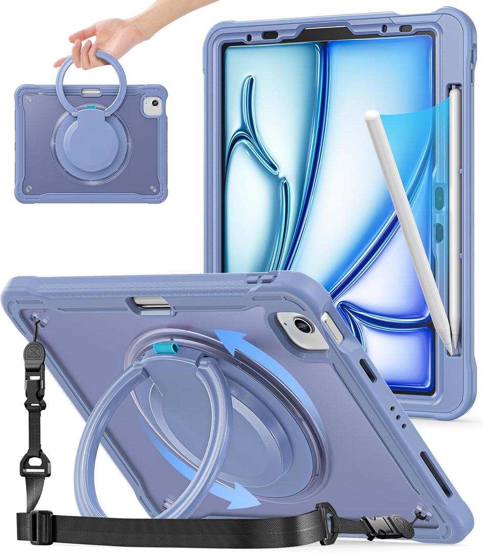 BATYUE Case for iPad Air 11-inch M4(2026)/M3(2025)/M2(2024), iPad Air 4/5 10.9" & Pro 11" 2018-2022 - Shockproof Case with 360 Rotating Stand & Handle, Pencil Holder, Shoulder Strap, Lavender (A2-Transparent (Lavender Grey))