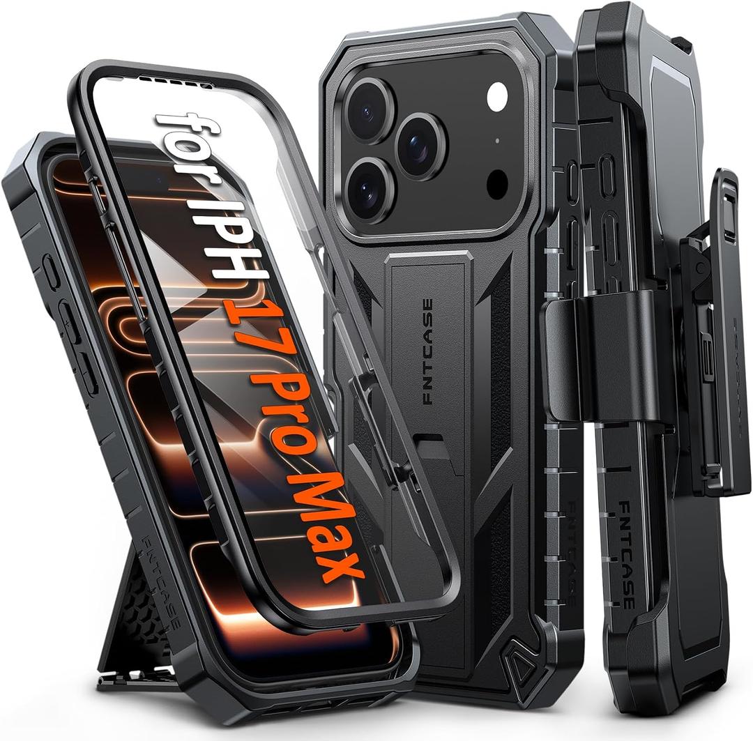 FNTCASE for iPhone 17 Pro-Max Case: Military Grade Rugged Phone Cover with Kickstand & Belt Clip Holster | Shockproof TPU Protection Bumper Matte Textured Design | Heavy Duty Protector Black