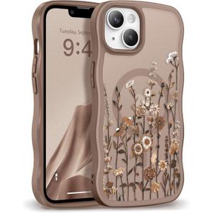 GVIEWIN Cute for iPhone 14 Case & iPhone 13 Case [Compatible with MagSafe] [Curly Wave Edge] Floral Translucent Magnetic Shockproof Protective Phone Cover for iPhone 14/13 6.1'', Floratopia/Brown