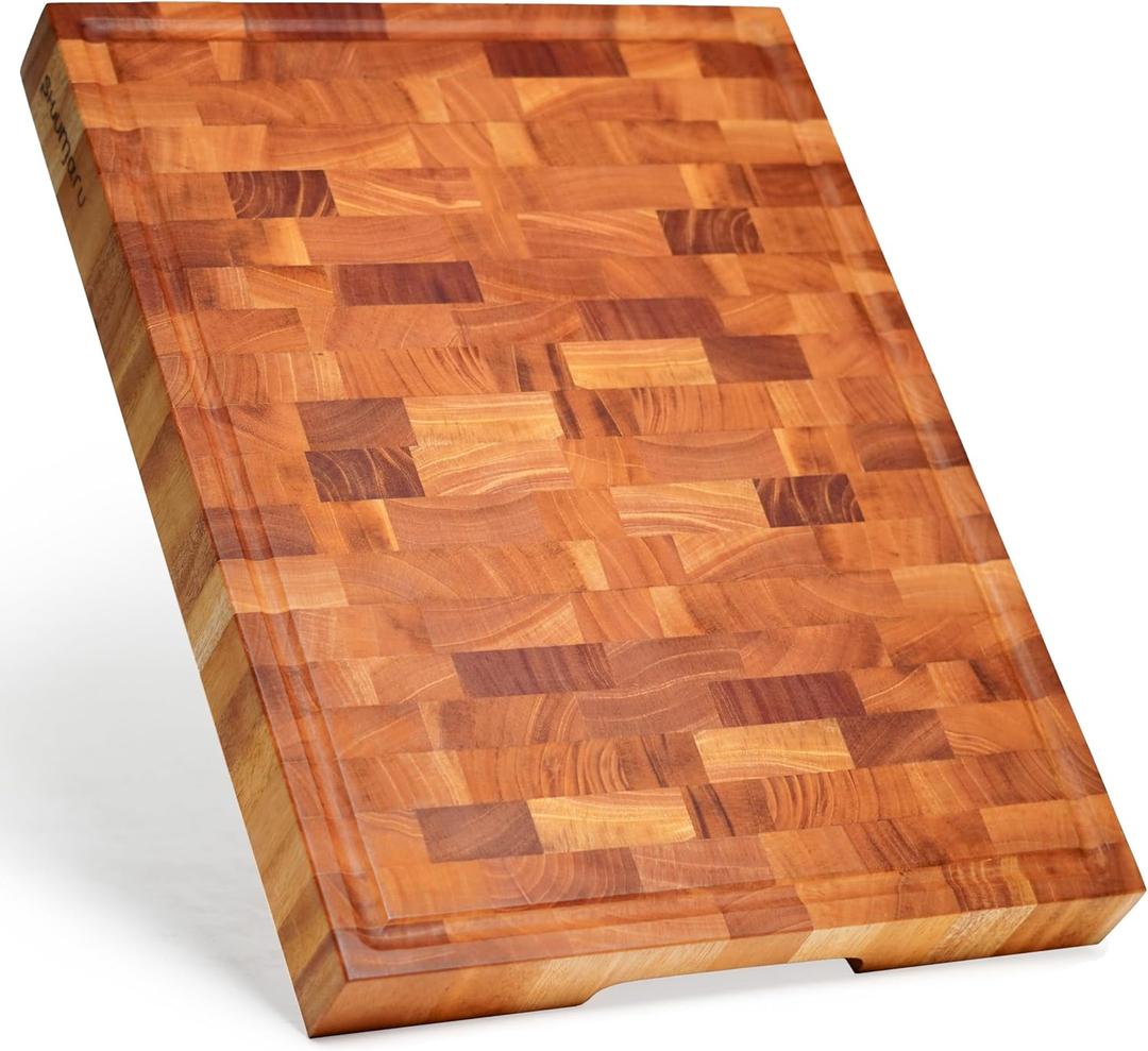 SHUMARU Mahogany End-Grain Wood Cutting Board  16.5x12.6x1.6" Butcher Block | Handmade in Bali - Silky-Smooth, Juice Groove, KnifeFriendly, Ergonomic Grips & NonSlip Feet