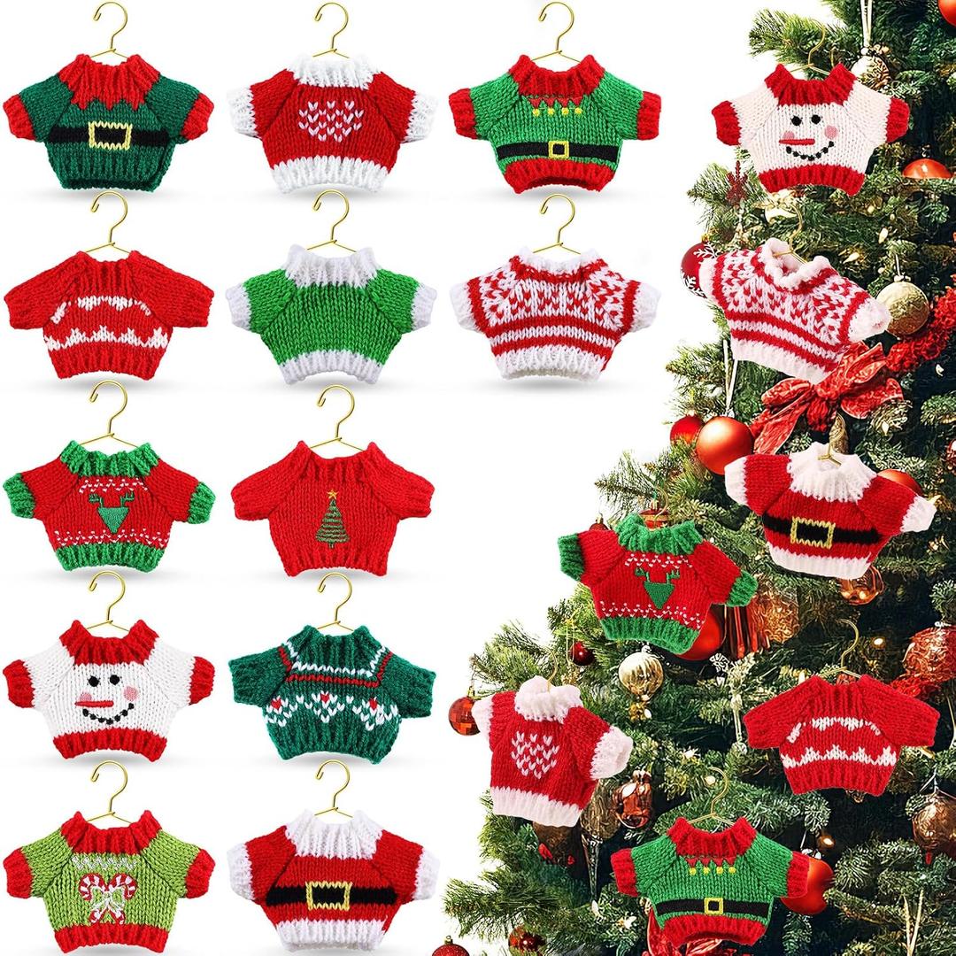 24 Pcs Christmas Ugly Sweater Hanging Ornament(12 Sets) with Mini Clothes Hanger Xmas Sweater Knitting Winter Sweater Pendant for Christmas Tree Kitchen Cabinet Decor Favors Gift (A)