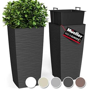 Mueller M-Resin Heavy Duty Tall Planters for Outdoor Plants, Indoor Grande Plant Pots, Boxes, Trees, Flower Pots, 2-Piece Set, 27.5”, Modern Design, Built-in Drainage, Front Porch Decor, Dark Grey