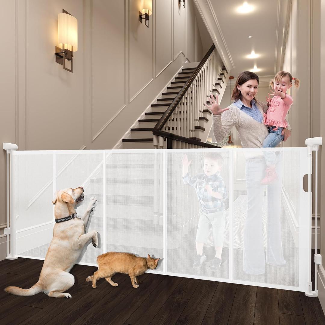 Retractable Baby Gates Dog Gate for Stairs, 100" Wide Retractable Gate Mesh Pet Gate, 41" Extra Tall Child Safety Gate with Fiberglass Rods for Stairways, Doorways, Hallways, Indoor/Outdoor (White)