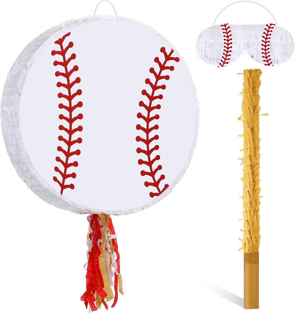 Baseball Piñata for Birthday Party 12.6 x 12.6 Inch Baseball Piñata for Kids with Stick and Blindfold Traditional Mexican for Sport Birthday Party Supplies Decor